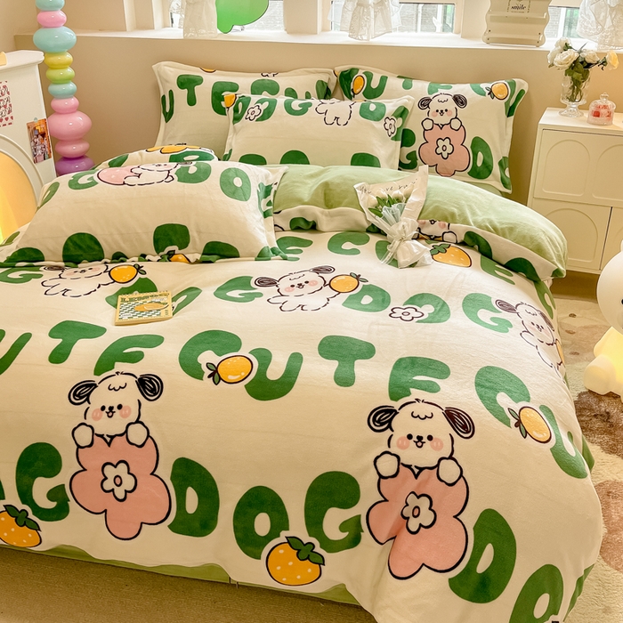 91家纺网 家纺一手货源 找家纺 眠博士 2025新款烂花牛奶绒印花牛奶绒加厚保暖简单款四件套 简单款-快乐汪汪