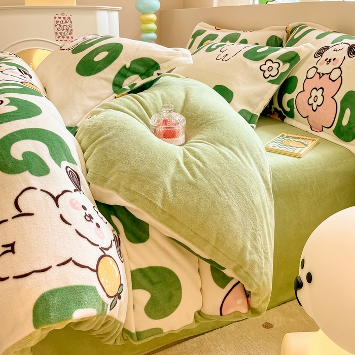 91家纺网 家纺一手货源 找家纺 眠博士 2025新款烂花牛奶绒印花牛奶绒加厚保暖简单款四件套 简单款-快乐汪汪