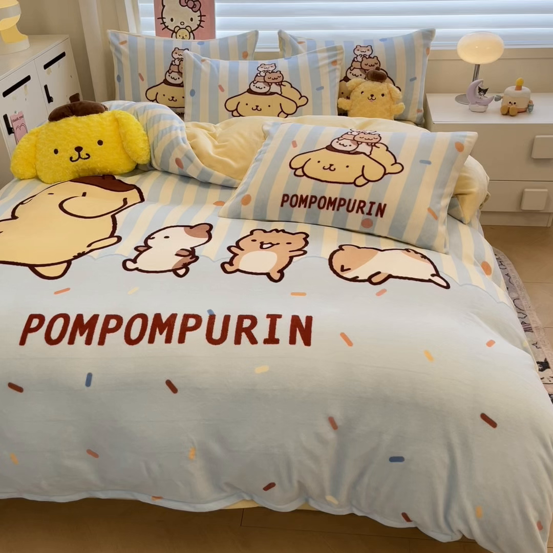 91家纺网 家纺一手货源 找家纺 暮思家居 2025新款正版授权三丽鸥大阪数码印花高克重加厚保暖牛奶绒四件套 绒大阪-布丁狗伙伴