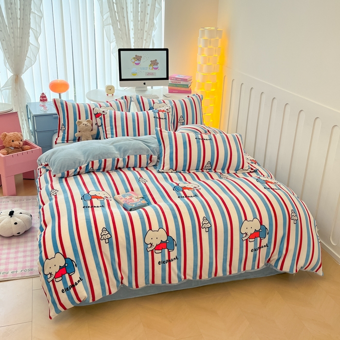 91家纺网 家纺一手货源 找家纺 眠博士 2025新款烂花牛奶绒印花牛奶绒加厚保暖简单款四件套 简单款-快乐小象