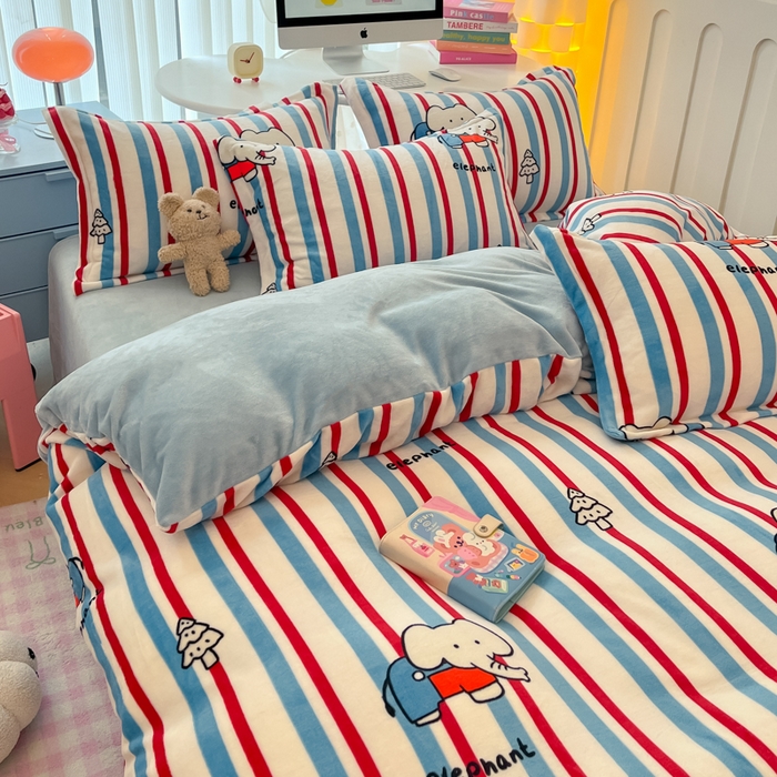 91家纺网 家纺一手货源 找家纺 眠博士 2025新款烂花牛奶绒印花牛奶绒加厚保暖简单款四件套 简单款-快乐小象