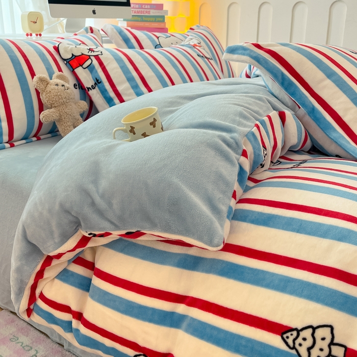 91家纺网 家纺一手货源 找家纺 眠博士 2025新款烂花牛奶绒印花牛奶绒加厚保暖简单款四件套 简单款-快乐小象