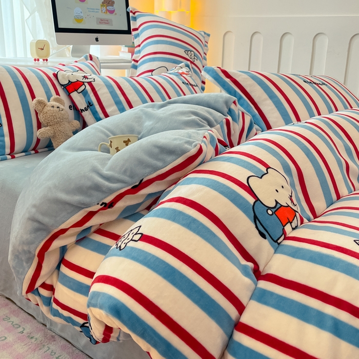 91家纺网 家纺一手货源 找家纺 眠博士 2025新款烂花牛奶绒印花牛奶绒加厚保暖简单款四件套 简单款-快乐小象