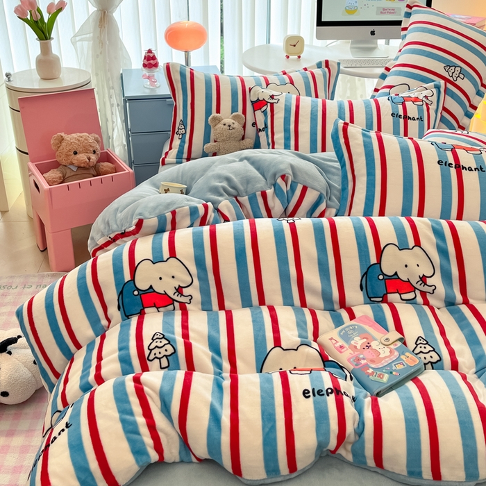 91家纺网 家纺一手货源 找家纺 眠博士 2025新款烂花牛奶绒印花牛奶绒加厚保暖简单款四件套 简单款-快乐小象