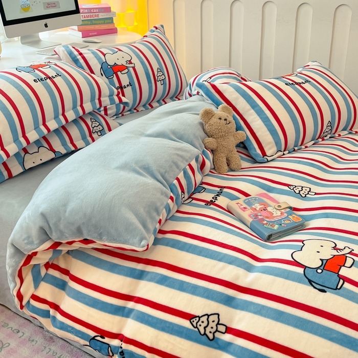 91家纺网 家纺一手货源 找家纺 眠博士 2025新款烂花牛奶绒印花牛奶绒加厚保暖简单款四件套 简单款-快乐小象