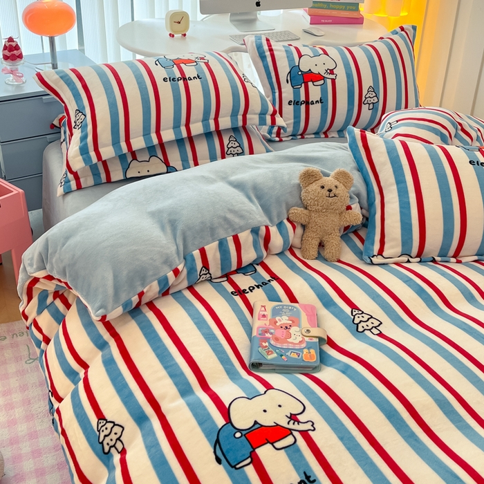 91家纺网 家纺一手货源 找家纺 眠博士 2025新款烂花牛奶绒印花牛奶绒加厚保暖简单款四件套 简单款-快乐小象