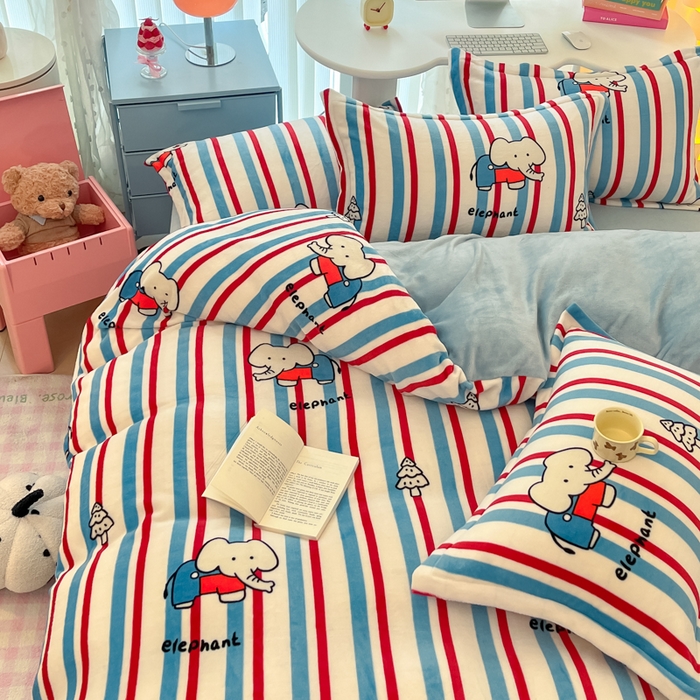 91家纺网 家纺一手货源 找家纺 眠博士 2025新款烂花牛奶绒印花牛奶绒加厚保暖简单款四件套 简单款-快乐小象