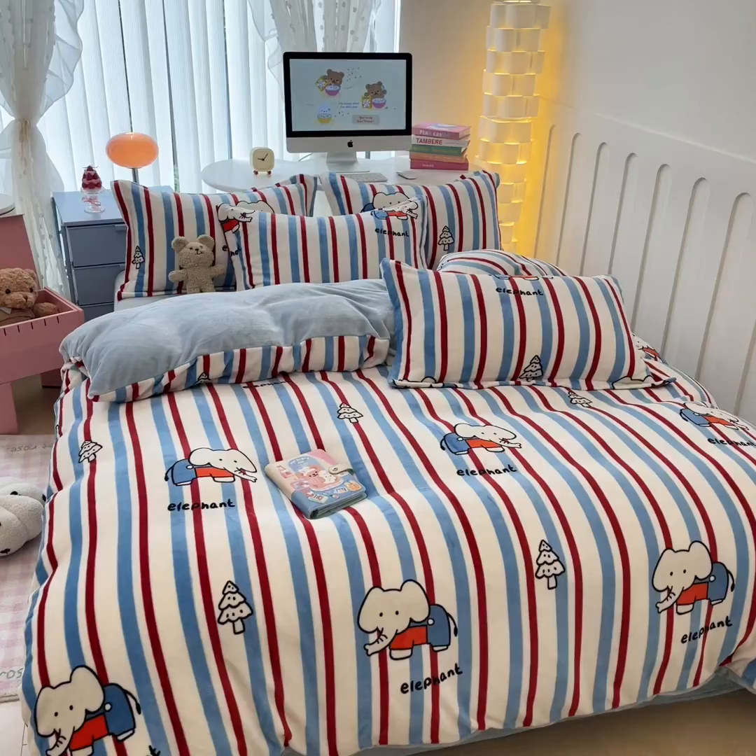 91家纺网 家纺一手货源 找家纺 眠博士 2025新款烂花牛奶绒印花牛奶绒加厚保暖简单款四件套 简单款-快乐小象