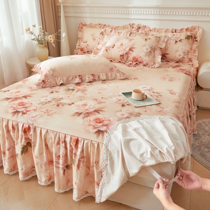 91家纺网 家纺一手货源 找家纺 （总）缦彩 2025新款100%全棉A类数码印花床裙遮丑花边床单床罩四件套