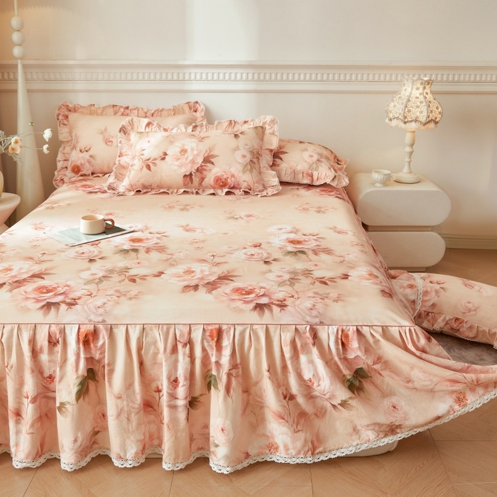 91家纺网 家纺一手货源 找家纺 （总）缦彩 2025新款100%全棉A类数码印花床裙遮丑花边床单床罩四件套