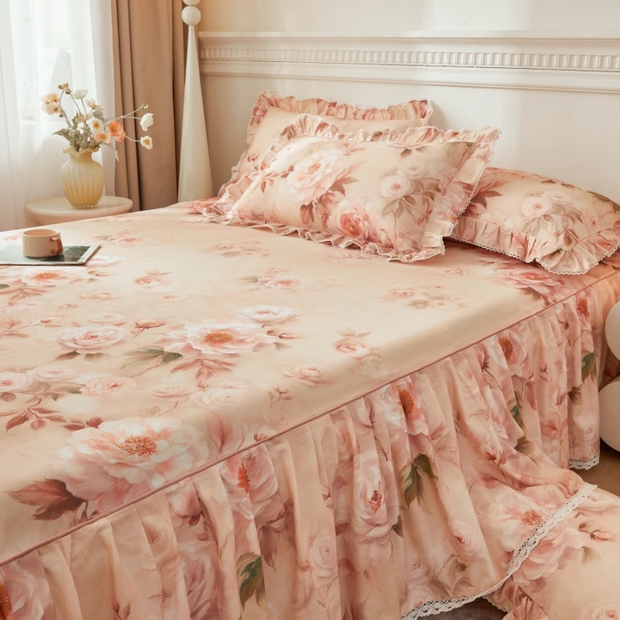 91家纺网 家纺一手货源 找家纺 （总）缦彩 2025新款100%全棉A类数码印花床裙遮丑花边床单床罩四件套