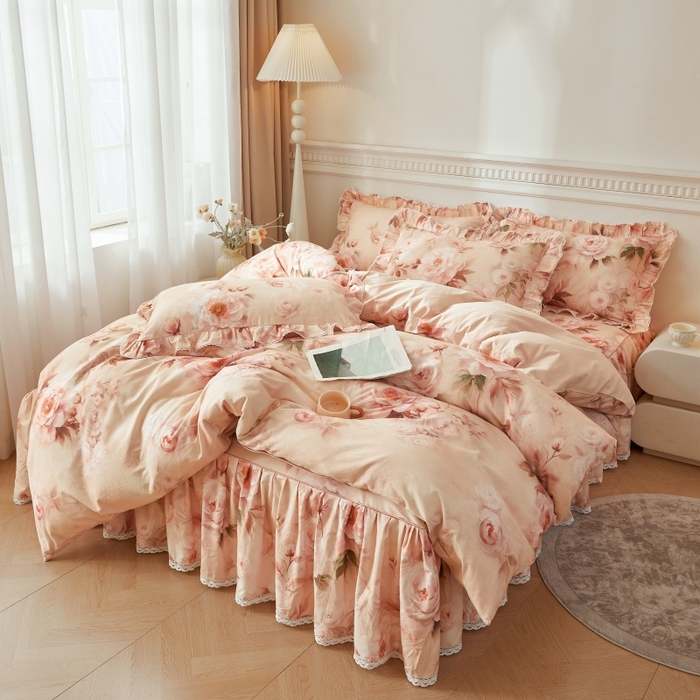 91家纺网 家纺一手货源 找家纺 （总）缦彩 2025新款100%全棉A类数码印花床裙遮丑花边床单床罩四件套