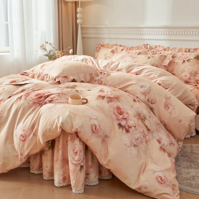 91家纺网 家纺一手货源 找家纺 （总）缦彩 2025新款100%全棉A类数码印花床裙遮丑花边床单床罩四件套