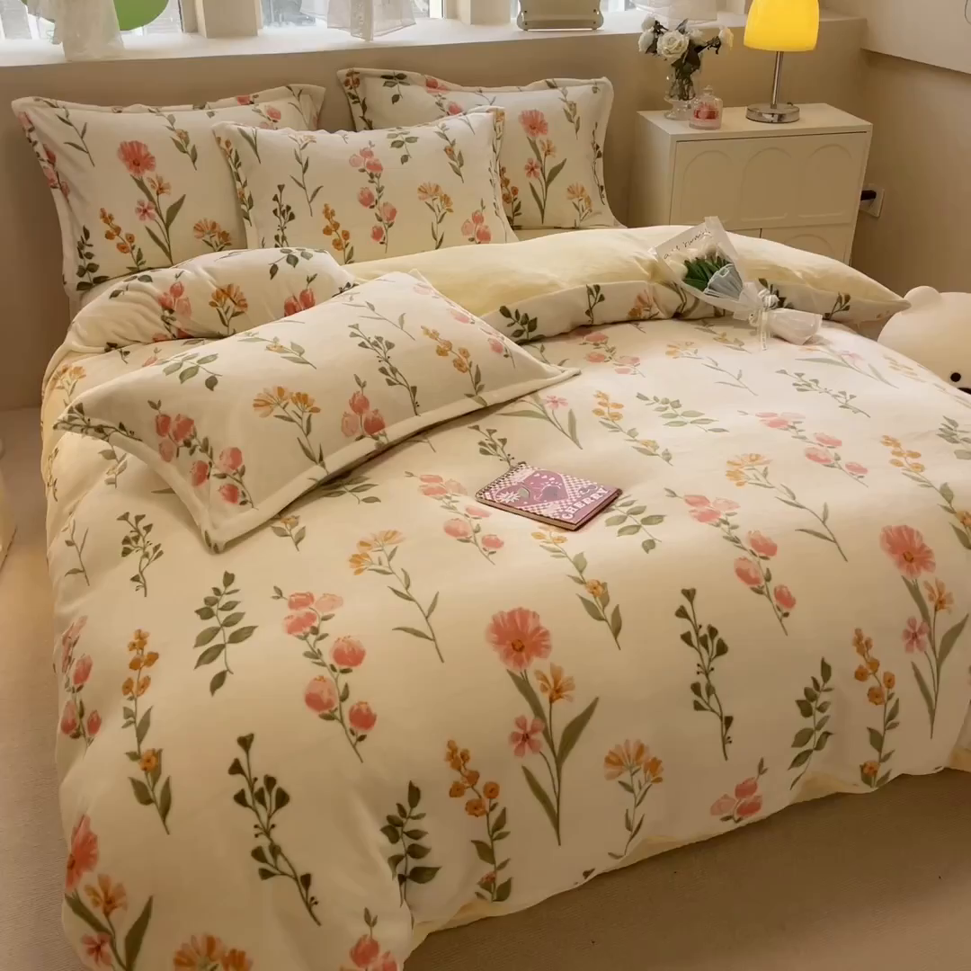 91家纺网 家纺一手货源 找家纺 眠博士 2025新款烂花牛奶绒印花牛奶绒加厚保暖简单款四件套 简单款-浪漫花园