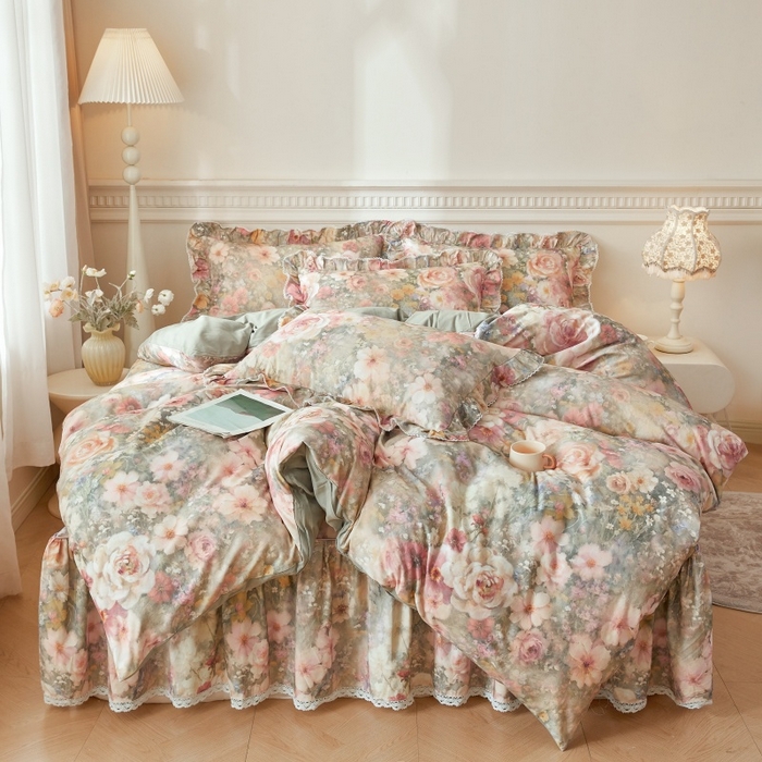 91家纺网 家纺一手货源 找家纺 （总）缦彩 2025新款100%全棉A类数码印花床裙遮丑花边床单床罩四件套