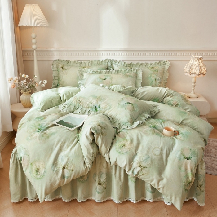 91家纺网 家纺一手货源 找家纺 （总）缦彩 2025新款100%全棉A类数码印花床裙遮丑花边床单床罩四件套