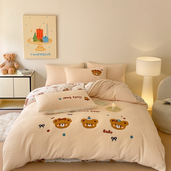 川悦生活 2025新款泰迪绒毛巾绣卡通四件套 茶茶熊仔