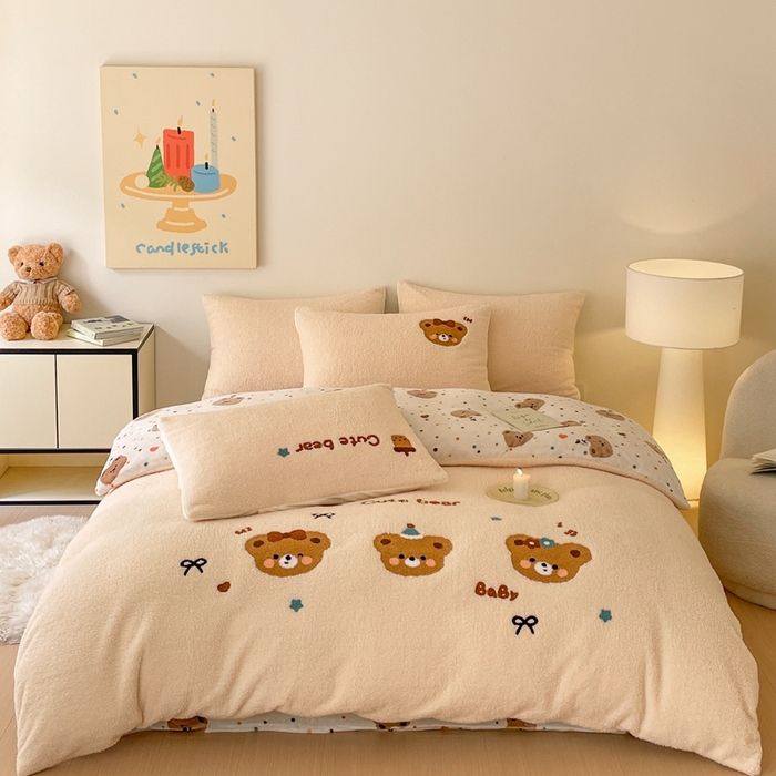 91家纺网 家纺一手货源 找家纺 川悦生活 2025新款泰迪绒毛巾绣卡通四件套 茶茶熊仔