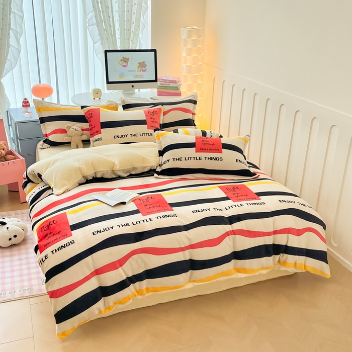 91家纺网 家纺一手货源 找家纺 眠博士 2025新款烂花牛奶绒印花牛奶绒加厚保暖简单款四件套 简单款-律动条纹