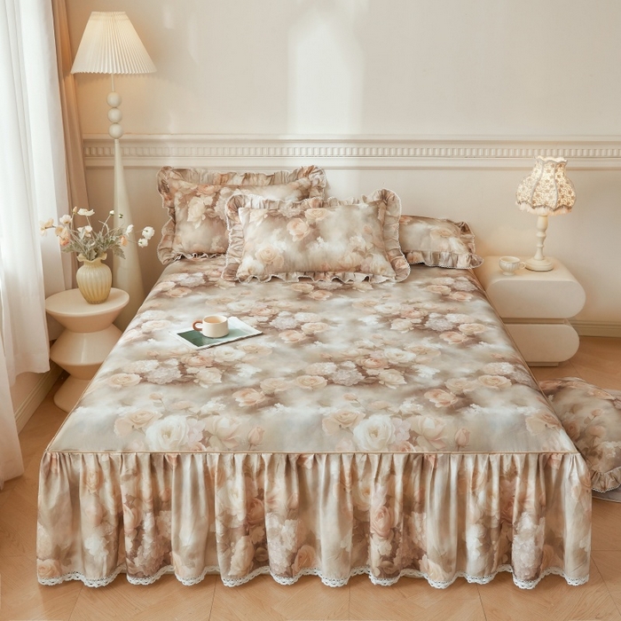 91家纺网 家纺一手货源 找家纺 缦彩 2025新款100%全棉A类数码印花床裙遮丑花边床单床罩四件套 葵樱-红