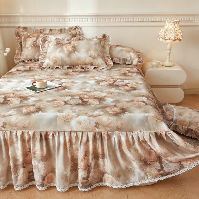 91家纺网 家纺一手货源 找家纺 缦彩 2025新款100%全棉A类数码印花床裙遮丑花边床单床罩四件套 葵樱-红