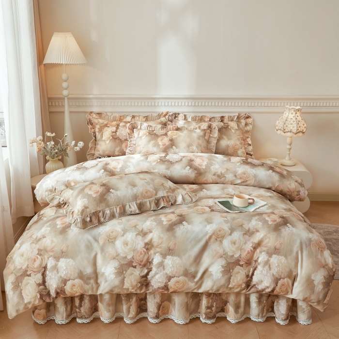 91家纺网 家纺一手货源 找家纺 缦彩 2025新款100%全棉A类数码印花床裙遮丑花边床单床罩四件套 葵樱-红