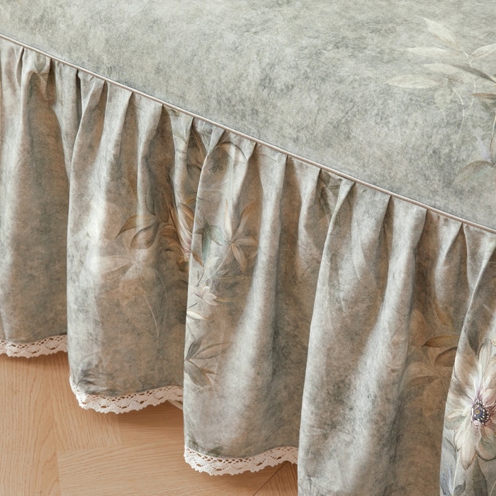 91家纺网 家纺一手货源 找家纺 缦彩 2025新款100%全棉A类数码印花床裙遮丑花边床单床罩四件套 梦境-灰