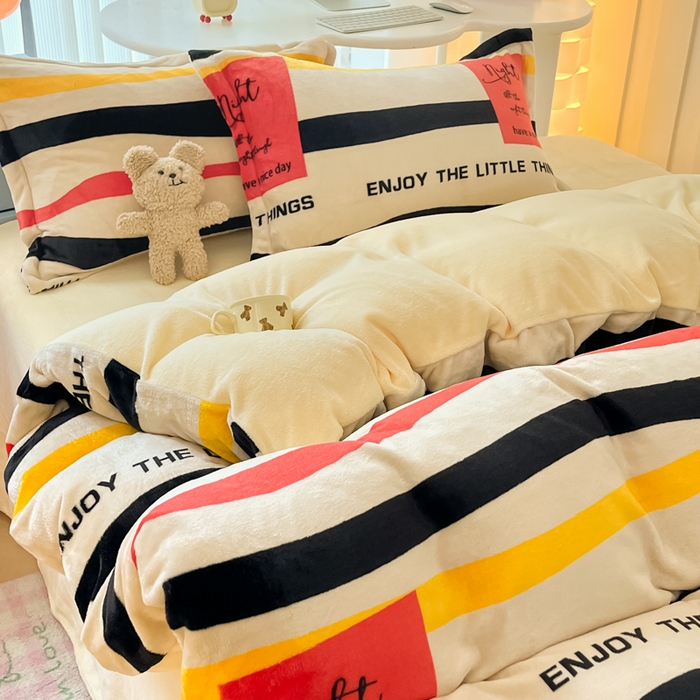 91家纺网 家纺一手货源 找家纺 眠博士 2025新款烂花牛奶绒印花牛奶绒加厚保暖简单款四件套 简单款-律动条纹