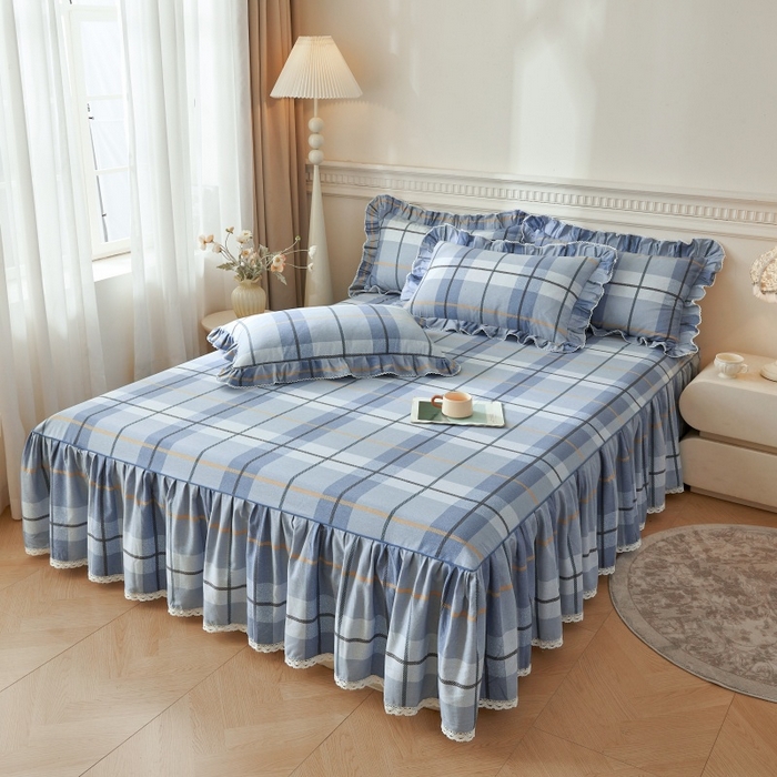 91家纺网 家纺一手货源 找家纺 缦彩 2025新款100%全棉A类数码印花床裙遮丑花边床单床罩四件套 诺卡-蓝