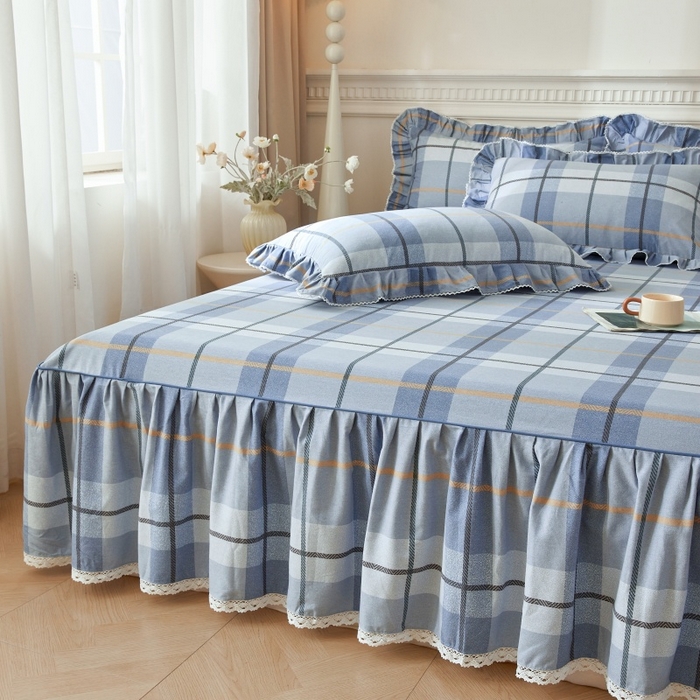 91家纺网 家纺一手货源 找家纺 缦彩 2025新款100%全棉A类数码印花床裙遮丑花边床单床罩四件套 诺卡-蓝