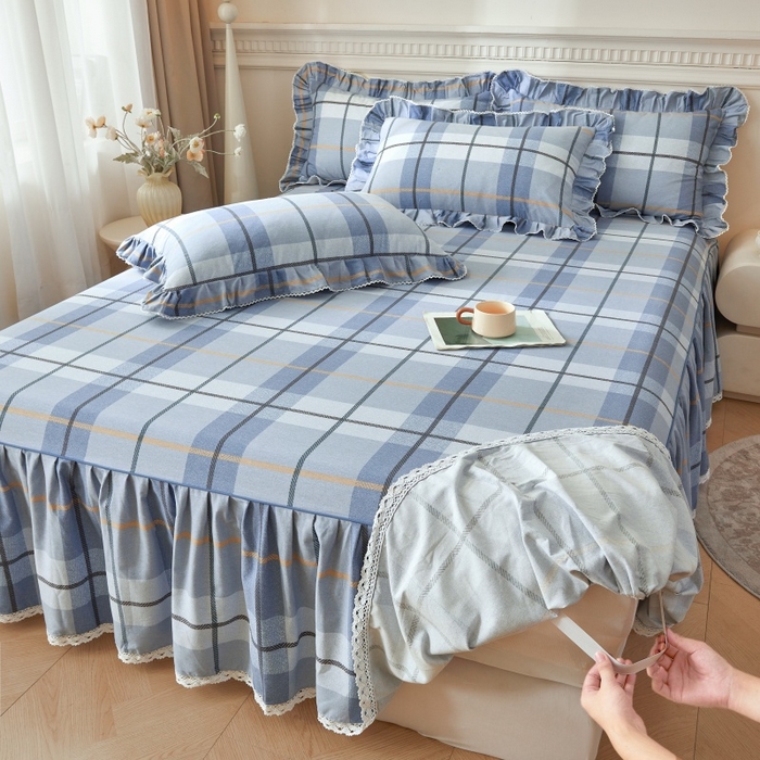 91家纺网 家纺一手货源 找家纺 缦彩 2025新款100%全棉A类数码印花床裙遮丑花边床单床罩四件套 诺卡-蓝