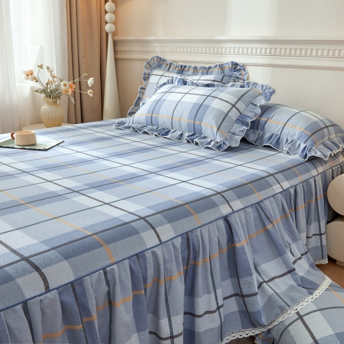 91家纺网 家纺一手货源 找家纺 缦彩 2025新款100%全棉A类数码印花床裙遮丑花边床单床罩四件套 诺卡-蓝