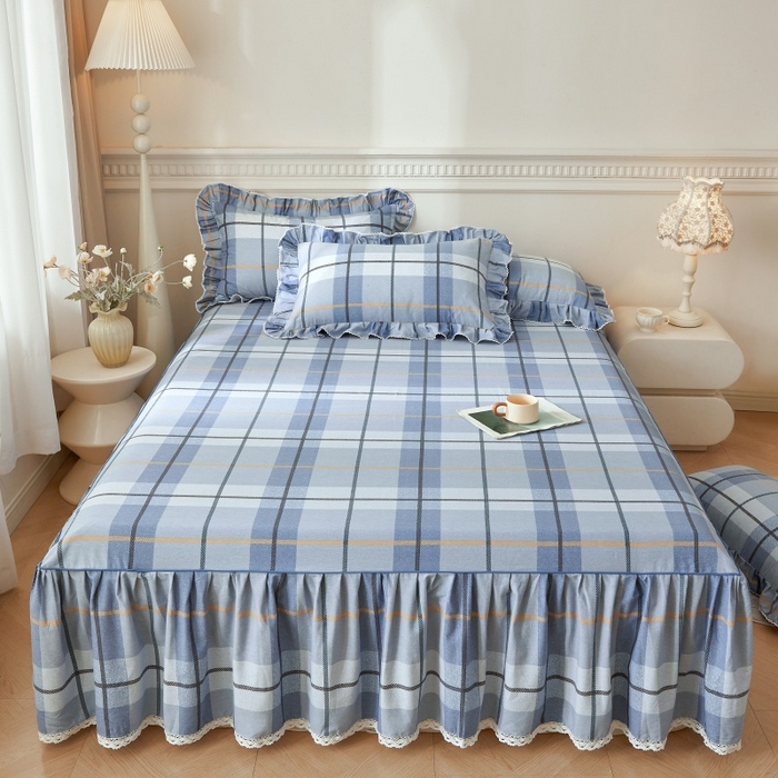 91家纺网 家纺一手货源 找家纺 缦彩 2025新款100%全棉A类数码印花床裙遮丑花边床单床罩四件套 诺卡-蓝