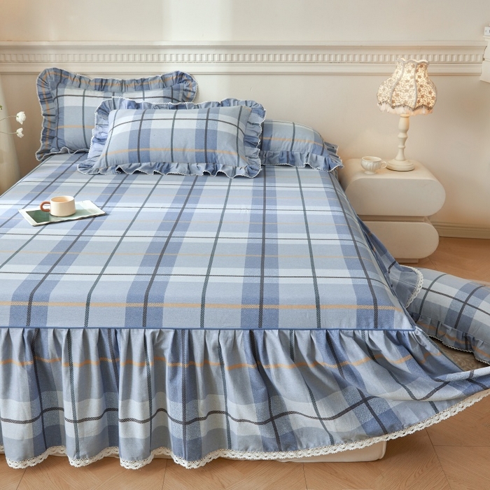 91家纺网 家纺一手货源 找家纺 缦彩 2025新款100%全棉A类数码印花床裙遮丑花边床单床罩四件套 诺卡-蓝