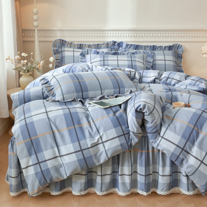 91家纺网 家纺一手货源 找家纺 缦彩 2025新款100%全棉A类数码印花床裙遮丑花边床单床罩四件套 诺卡-蓝