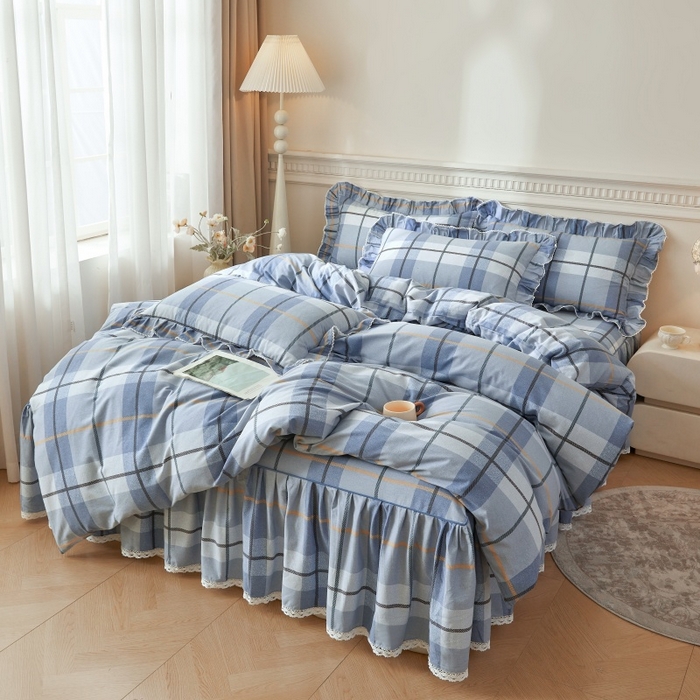 91家纺网 家纺一手货源 找家纺 缦彩 2025新款100%全棉A类数码印花床裙遮丑花边床单床罩四件套 诺卡-蓝