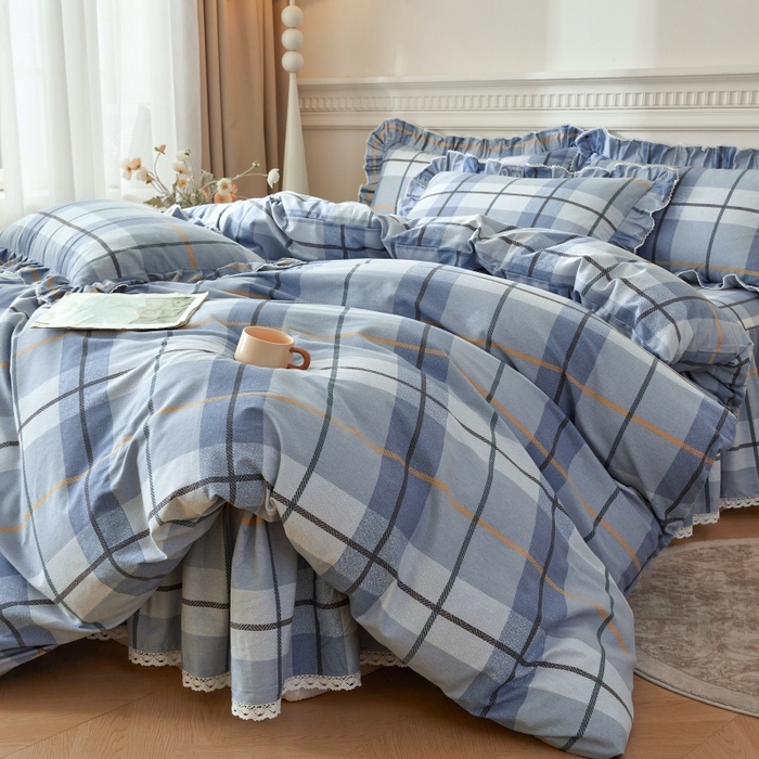 91家纺网 家纺一手货源 找家纺 缦彩 2025新款100%全棉A类数码印花床裙遮丑花边床单床罩四件套 诺卡-蓝