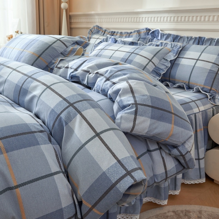 91家纺网 家纺一手货源 找家纺 缦彩 2025新款100%全棉A类数码印花床裙遮丑花边床单床罩四件套 诺卡-蓝