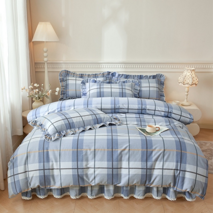 91家纺网 家纺一手货源 找家纺 缦彩 2025新款100%全棉A类数码印花床裙遮丑花边床单床罩四件套 诺卡-蓝