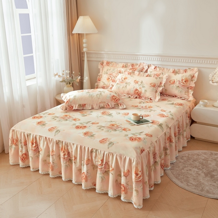 91家纺网 家纺一手货源 找家纺 缦彩 2025新款100%全棉A类数码印花床裙遮丑花边床单床罩四件套 圣托里尼-玉色