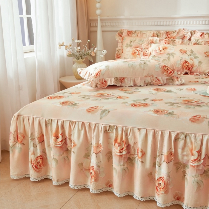 91家纺网 家纺一手货源 找家纺 缦彩 2025新款100%全棉A类数码印花床裙遮丑花边床单床罩四件套 圣托里尼-玉色