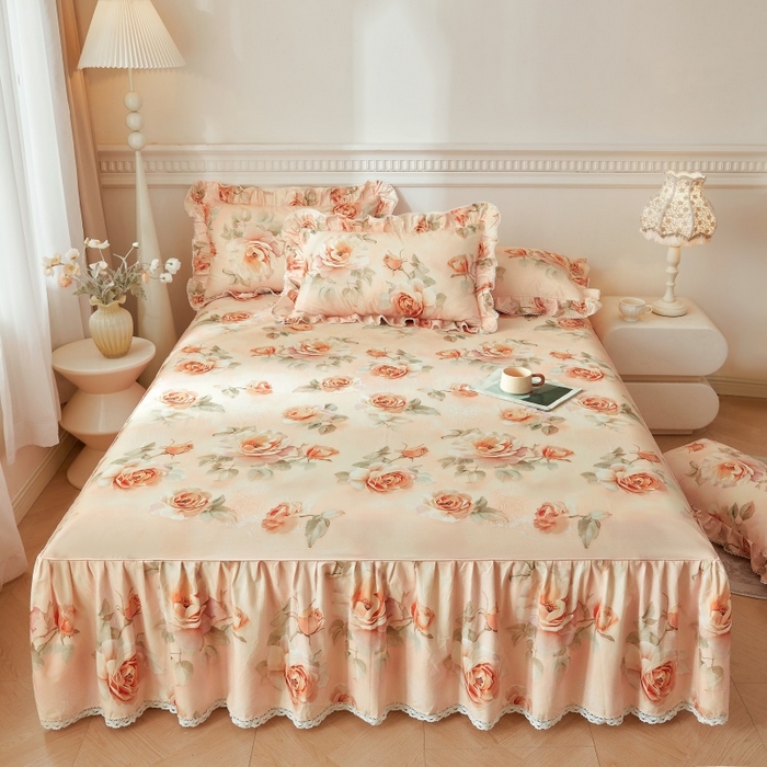 91家纺网 家纺一手货源 找家纺 缦彩 2025新款100%全棉A类数码印花床裙遮丑花边床单床罩四件套 圣托里尼-玉色