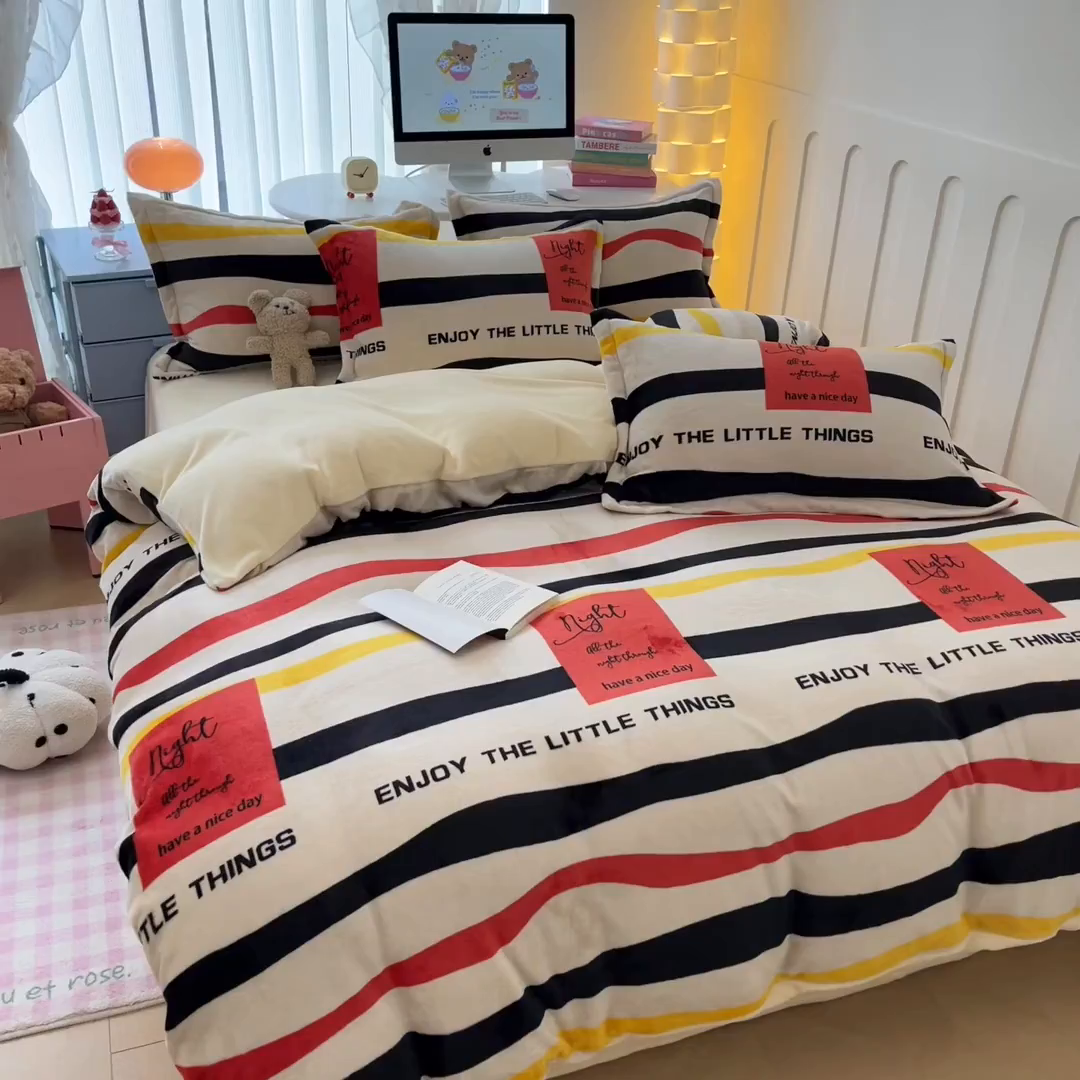 91家纺网 家纺一手货源 找家纺 眠博士 2025新款烂花牛奶绒印花牛奶绒加厚保暖简单款四件套 简单款-律动条纹