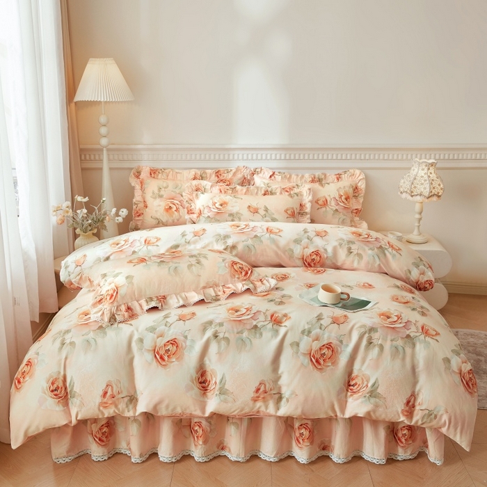 91家纺网 家纺一手货源 找家纺 缦彩 2025新款100%全棉A类数码印花床裙遮丑花边床单床罩四件套 圣托里尼-玉色