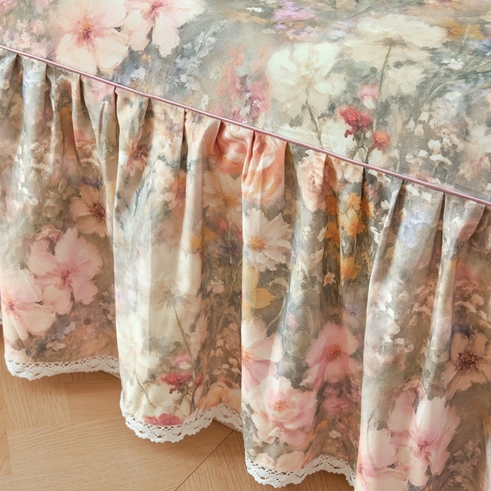 91家纺网 家纺一手货源 找家纺 缦彩 2025新款100%全棉A类数码印花床裙遮丑花边床单床罩四件套 云栖