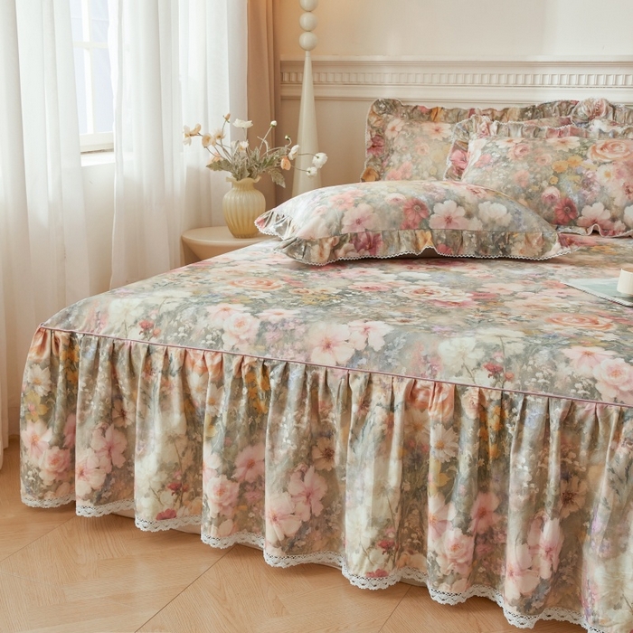 91家纺网 家纺一手货源 找家纺 缦彩 2025新款100%全棉A类数码印花床裙遮丑花边床单床罩四件套 云栖