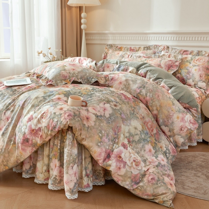 91家纺网 家纺一手货源 找家纺 缦彩 2025新款100%全棉A类数码印花床裙遮丑花边床单床罩四件套 云栖