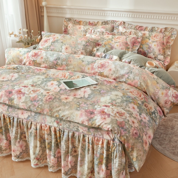 91家纺网 家纺一手货源 找家纺 缦彩 2025新款100%全棉A类数码印花床裙遮丑花边床单床罩四件套 云栖