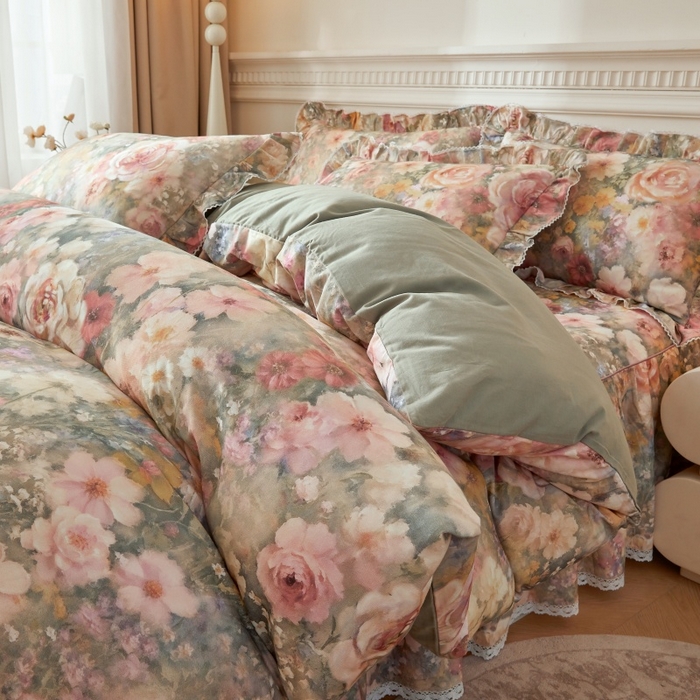 91家纺网 家纺一手货源 找家纺 缦彩 2025新款100%全棉A类数码印花床裙遮丑花边床单床罩四件套 云栖