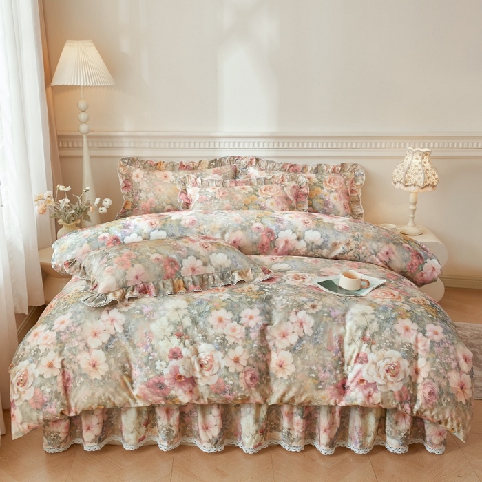 91家纺网 家纺一手货源 找家纺 缦彩 2025新款100%全棉A类数码印花床裙遮丑花边床单床罩四件套 云栖